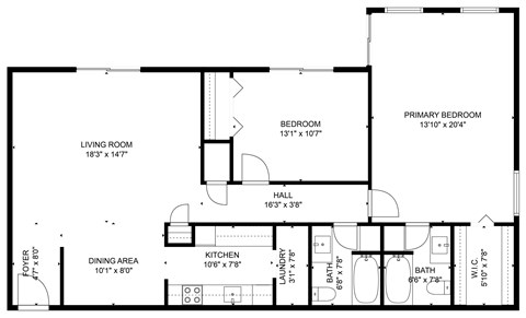 A floor plan of a house with a living room, two bedrooms, a dining area, a kitchen, a laundry room, and a bathroom.